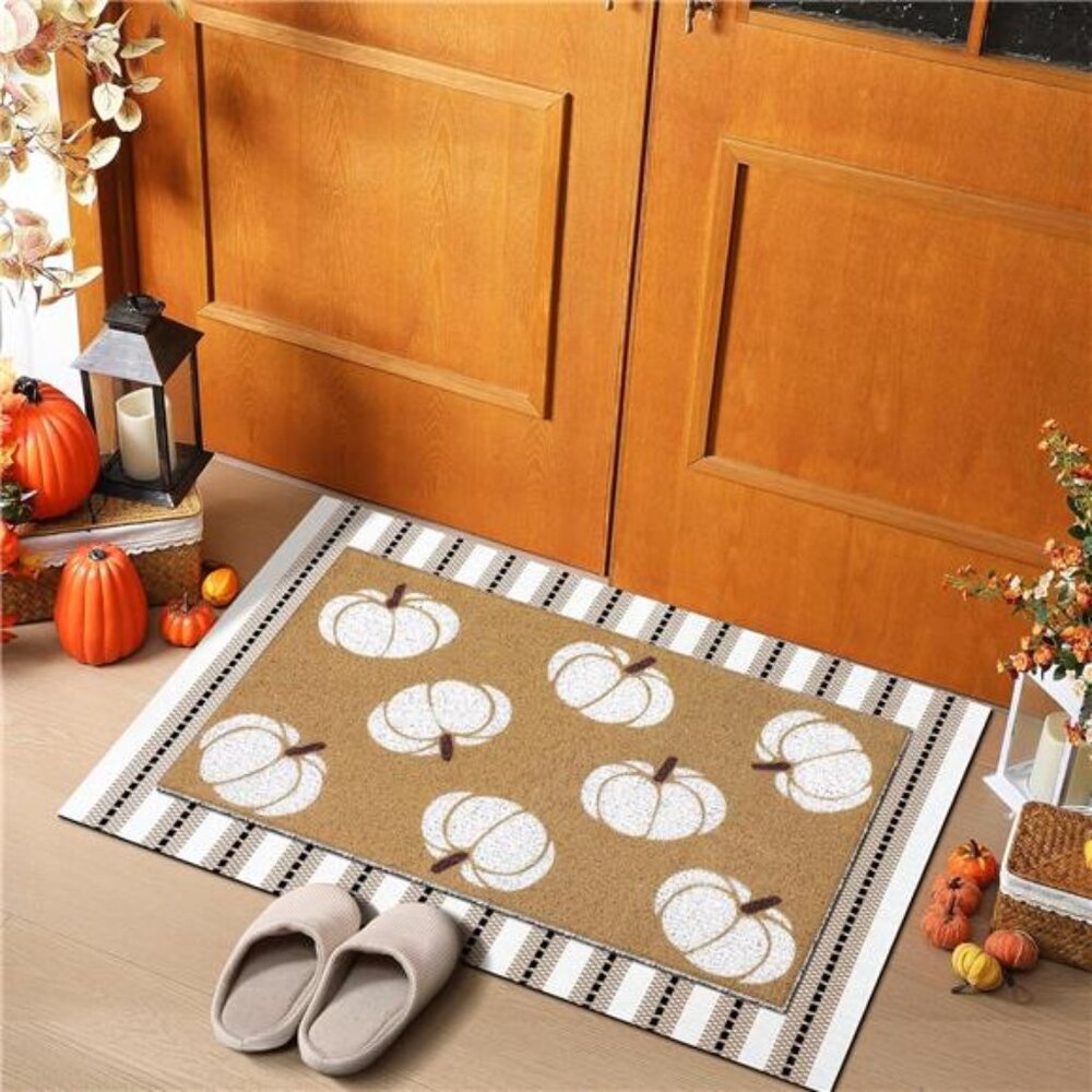 2 Pcs‎ Fall Doormats Welcome Outdoor Door Mats Layered Neutral Pumpkin Front